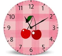 Horienteeon Pink Grid Cherry Wooden Wall Clock 25cm Silent Non-Ticking Battery Operated Wall Clock, Pink Decorative Battery Operated Wall Clocks for Bedroom, Bathroom, Living Room, Dorm Apartment