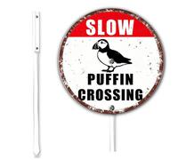 Horienteeon Puffin Crossing Yard Sign With Stake Birds Area Slow Down Caution Warning Lawn Signs Rustproof Aluminum Street Outdoor Use Wildflowers Decorations Home Garden Lawn Round 9.2inch