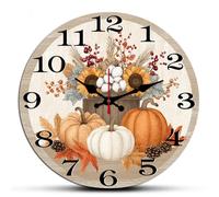 Horienteeon Pumpkin Harvest Wall Clock Fall Thanksgiving Autumn Wooden Decorative Round 10" For Kitchen Bathroom Silent Non Ticking Clock Battery Operated Home Office Living Room Decor