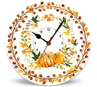 Horienteeon Pumpkin Maple Leaf Wreath Harvest Wall Clocks, Silent Non-Ticking Wooden Decorative Round Wall Clock 25cm, Vintage Wall Clock for Living Room Bedroom Kitchen Farmhouse Decor