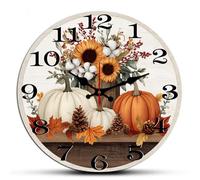 Horienteeon Pumpkin Sunflower Wall Clock Fall Thanksgiving Harvest Hanging Wooden Silent Non Ticking Battery Operated Wood Clock For Bedroom Bathroom Living Room Office School Kitchen Round 12"