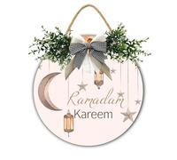 Horienteeon Ramadan Kareem Sign Eid Mubarak Front Door Sign Islamic Wooden Hanging Sign Wreath Moon Decorations, Muslim Wreaths Mosque Wall Window Decorations Round 12"