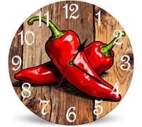 Horienteeon Red Pepper Wooden Wall Clocks Battery Operated Round Wood Silent Non Ticking Wall Clock 25cm, Rustic Kitchen Decorative Wall Clocks for Bedroom, Bathroom, Living Room, Kitchen