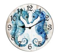 Horienteeon Seahorse Wall Clock Ocean Couple Love Wooden Clock Non Ticking Silent Kitchen Clock Battery Operated Clocks For Living Room Bedroom Living Room Decor Hanging Desk Art Round 10"
