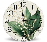 Horienteeon Simple Spring Lily Flower Battery Operated Round Wood Silent Non Ticking Wall Clock 25cm, Flowers Battery Operated Wall Clocks for Country Bathroom Kitchen Living Room