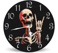 Horienteeon Skeleton with Rock Gestures Wooden Wall Clocks Art Silent Non-Ticking Wall Clock Battery Operated Round Arabic Numeral Wall Clocks 25cm, Halloween Wall Clock for Kitchen Bathroom