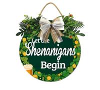 Horienteeon St. Patrick's Day Welcome Door Sign Let The Shenanigans Begin Wooden Wreath Irish Green Hat Clover Rustic Spring Holiday Decoration Door Wall Yard Hanging Party Indoor Outdoor Round 11"