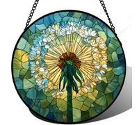Horienteeon Stained Glass Dandelion Suncatcher with Metal Frame and Chain, Round Window Hanging Wall Ornament, Boho Nature Art Decor, 20x20cm