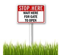 Horienteeon Stop Here Wait Here For Gate To Open Sign with Stake 20x30cm Sturdy Aluminum Yard Sign Rust Free Metal Plaque for Outdoor Lawn