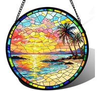 Horienteeon Summer Beach Stained Glass Window Hanging Coconut Tree Sunlight Stained Glass Suncatcher Ornament Window Decor Suncatcher Garden Ornament Indoor Outdoor Round 10"