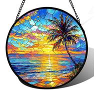 Horienteeon Summer Beach Stained Glass Window Hanging Coconut Tree Sunlight Sun Catcher For Window Home Decor Suncatcher Mother's Day Birthday Gifts For Women Men Mom Round 10"