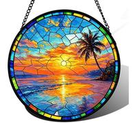 Horienteeon Summer Beach Stained Glass Window Hanging Suncatcher Coconut Tree Sunlight Stained Glass Suncatcher Ornament Window Decor Suncatcher Garden Ornament Indoor Outdoor Round 8"