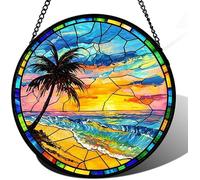 Horienteeon Summer Beach Stained Glass Window Hanging Suncatcher Coconut Tree Sunlight Suncatcher Door Garden Sunroom Sun Catcher Home Decor For Mom Men Woman Nana Friend Round 8"