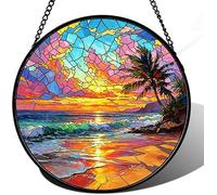 Horienteeon Summer Beach Stained Glass Window Hanging Suncatcher Coconut Tree Sunlight Suncatcher Stained Glass Window Sun Catcher Garden Wall Fence Decorations Indoor Outdoor Round 8"