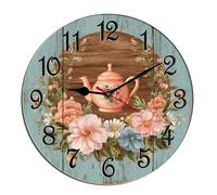 Horienteeon Teapot Wall Clock Afternoon Tea Floral Wooden Desk Kitchen Decor Decorative Battery Operated Clocks For Living Room Bedroom Bathroom Farmhouse Round 10"