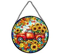Horienteeon Thanksgiving Harvest Stained Glass Window Truck Pumpkin Fall Suncatcher For Door Home Decor Desk Decorations Gifts For Women Christmas, Festival Party Autumn Round 8"