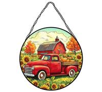 Horienteeon Thanksgiving Harvest Stained Glass Window Truck Pumpkin Fall Suncatcher Window Decor Stained Glass Sun Catcher Wall Art Gift Idea & Garden Ornament Autumn Round 10"