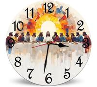 Horienteeon The Dinner of the Gods Wall Clocks Battery Operated Round Wood Silent Non Ticking Wall Clock 25cm, Rustic Christian Jesus Wall Clock for Home Decor Living Room Kitchen Office