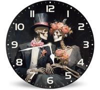 Horienteeon The Skeleton of Love Wall Clock, 25cm Silent Non-Ticking Home Kitchen Decor, Wodd Round Halloween Wall Clocks Gift for Bathroom Bedroom Living Room Office