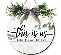 Horienteeon This Is Us Our Life Our Story Our Home Door Sign 30cm, Rustic Wooden Welcome Signs, Farmhouse Family Door Sign Plaque Home Decor for Front Porch Living Room