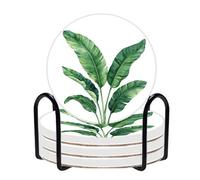 Horienteeon Tropical Green Leaves Coasters, 4Pcs Round Ceramic Coasters | 4Pcs Drink Coaster, Non-Slip Cork Backing, 10cm Round Ceramic Absorbent Coasters Set for Coffee Table, Desk & Home Decor