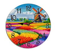 Horienteeon Tulip Wall Clock Spring Fields Dutch Windmill Wooden Funny Silent Non Ticking Battery Operated Wood Clock For Bedroom Bathroom Living Room Office School Kitchen Round 12"