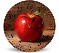 Horienteeon Vintage Apple Wooden Wall Clocks Silent Non-Ticking Battery Operated Clock 25cm, Rustic Red Wall Clocks for Kitchen Living Room Bedroom Bathroom, Unique/Funny Gift