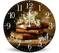 Horienteeon Vintage Book White Wildflower Round Wall Clock 25 cm