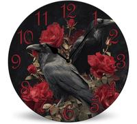 Horienteeon Vintage Crow Rose Wooden Clock 25cm Silent Non-Ticking Battery Operated Wall Clock, Vintage Halloween Decorative Clock for Kitchen Living Room Bedroom Bathroom