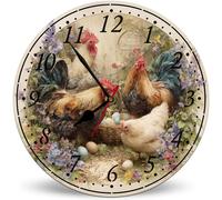 Horienteeon Vintage Garden Chicken Egg Wall Clock 25cm, Silent Non-Ticking Home Farm Decor, Rustic Farmhouse Flower Wall Clocks for Kitchen Living Room Bedroom Bathroom