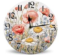 Horienteeon Watercolor Wildflowers in Spring Wood Clock 25cm Battery Operated Non-Ticking Wall Clock, Vintage Floral Decorative Clock for Living Room, Kitchen, Bathroom, Bedroom, Office