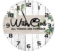 Horienteeon with God All Things are Possible Wall Clock 25cm Round Wooden Silent Non-Ticking Battery Operated Christian Clocks for Home Bathroom Bedroom Living Room Kitchen