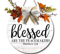 Horienteeon Wood Blessed Are The Peacemakers Sign for Front Door, Round Wood Autumn Welcome Wreaths 28cm, Thankful Autumn Door Hanger Signs for Home Porch Wall Garden