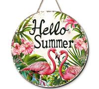 Horienteeon Wood Hello Summer Sign for Front Door, Tropical Theme Flamingo Decoration Wooden Front Door Sign for Home Decor - Summer Housewarming Gift 28cm