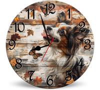 Horienteeon Wood Wall Clock 25cm,Vintage Vintage Papillon Dog Fall Wooden Wall Clocks Art Silent Non-Ticking Wall Clock Battery Operated Round Home Arabic Numeral Decorative Wall Clocks