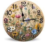 Horienteeon Wooden Colored Wildflowers Wall Clock Decorative 25cm Silent Non-Ticking Wall Clocks, Wood Flower Decor Wall Clock Battery Operated Esay Read for Office Housewarming Gift