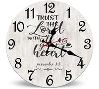 Horienteeon Wooden Wall Clock 25x25cm, Trust The Lord with All Your Heart Proverbs 3:5 Whitewashed Rustic Silent Non-Ticking, Round Farmhouse Faith Decor for Bedroom, Church, Living Room
