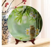 Horienteeon Zen Bathroom Stone Decorative Plates For Wall Hanging Bamboo Meditation Decorative Plates For Display, Home Kitchen Dining Room Wall Decor Housewarming Gifts Round 10.6 Inch