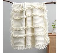 HORIMOTE HOME Ultra Soft Pre-Washed Warm Quilted Throw Blanket, Ruffle Fringed Boho Throw, Stone Washed Chic Rustic Blanket for Sofa Couch Bed Chair,Cream White, 127x152cm