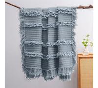 HORIMOTE HOME Ultra Soft Pre-Washed Warm Quilted Throw Blanket, Ruffle Fringed Boho Throw, Stone Washed Chic Rustic Blanket for Sofa Couch Bed Chair, Blue,127x152cm