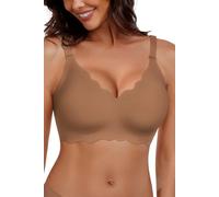 HORISUN Wireless Seamless Bras for Women No Underwire Wavy V Neck Soft Support Full Coverage Comfortable Bra, Coffee, XL