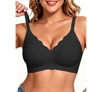 HORISUN Women's Seamless Wireless Bra - Jelly Strip Push Up Bra V-Neck Scalloped Edge, Non-Wired Padded T-Shirt Bralette, Invisible Under Clothes (Black XL)