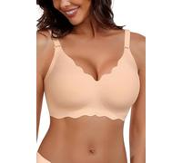 HORISUN Womens Wavy Seamless Bra V Neck Lace Floral Wireless Bralette Fixed Pad No Underwire Bra, Zstyle-Nude, XL