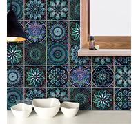 HORIWE Tile Stickers Green Purple Mandala Style Wall Decal Sticker Adhesive Tile Art DIY Kitchen Bathroom Backsplash Floor Home Decor PVC Waterproof Oil Proof New 6x6 Inches 20PC