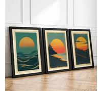 Horizon Suns Retro Set of 3 Framed Wall Art Prints A2 (59.4×42cm) Black,