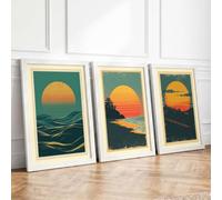 Horizon Suns Retro Set of 3 Framed Wall Art Prints A4 (29.7×21cm) White,