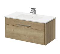 Horizon Wall Mounted Vanity Unit with 1 Tap Hole Basin and Single Drawer with Polished Chrome Handle | Autumn Oak | MDF | 800mm