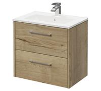 Horizon Wall Mounted Vanity Unit with 1 Tap Hole Minimalist Basin and 2 Drawers with Polished Chrome Handles | Autumn Oak | MDF | 600mm