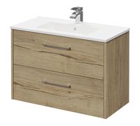 Horizon Wall Mounted Vanity Unit with 1 Tap Hole Minimalist Basin and 2 Drawers with Polished Chrome Handles | Autumn Oak | MDF | 800mm