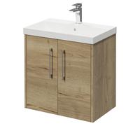 Horizon Wall Mounted Vanity Unit with 1 Tap Hole Slim Edge Basin and 2 Doors with Polished Chrome Handles | Autumn Oak | MDF | 600mm